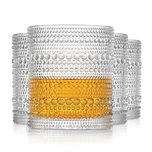 OPAYLY hobnail Drinking Glasses Old Fashion Glass 10oZ rocks glasses Set of 4 glasses Water Juice Cocktail Vintage Glassware Set Gift for Men Women