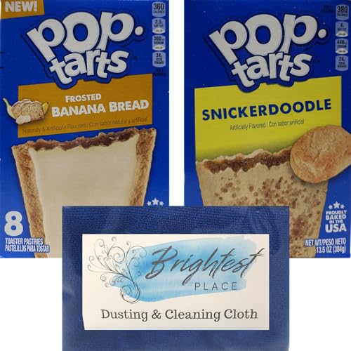 Frosted Toaster Pastries Dessert Breakfast Variety Pack Bundle Includes Brightest Place Cleaning Cloth and Pop Tarts Snickerdoodle Cookie Flavor and Frosted Banana Bread Pop-Tarts