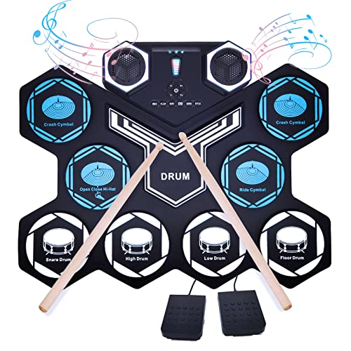 Electronic Drum Set for Kids Adults, Gimigo Electronic Drum Pad with Multicolor LED Digital Display Hand Roll-Up Drum Kit 9 Silicon Durm Pad Built-In Stereo Speaker Bluetooth, MIDI for Kids Beginners