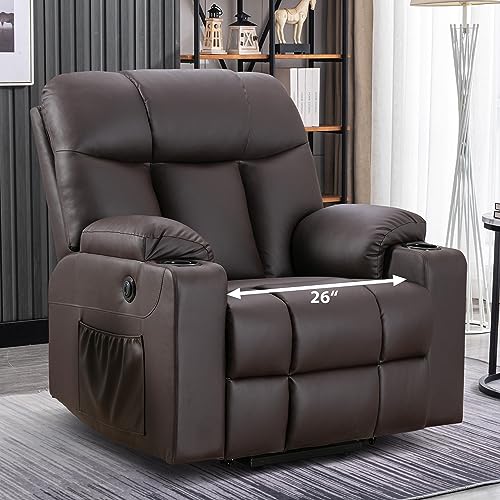 Bonzy Home 26' Extra Wide Lift Recliner Chair with Heat and Massage, Faux Leather Power Lift Chair for Adults Elderly, Upholstered Massage Recliner with 2 Cup Holders, Side Pocket, USB Port, Brown