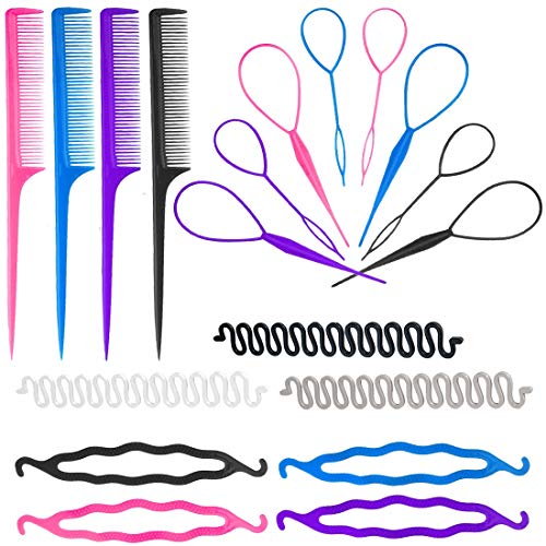 KWQ 19 Pcs Hair Braiding Tool DIY Hair Styling Tool Kit Updo Ponytail Maker Accessories Topsy Hair Braid Kit Coloure (19 Pieces)