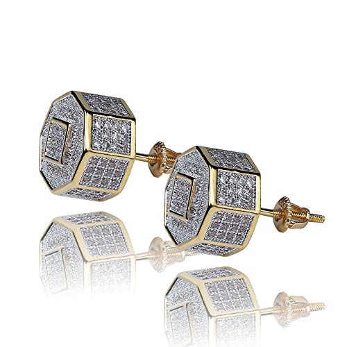 TOPGRILLZ 925 Sterling Silver Iced out Men and Women 14k Gold Square Kite Screw Back Hypoallergenic Stud Earrings with Simulated Diamond (Octagon Gold)