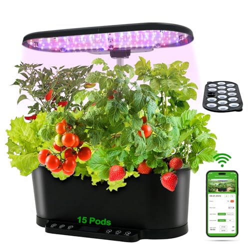 EAGLE PEAK 15 Pods Hydroponics Growing System with WiFi, 5.5 L Water Tank, Smart Indoor Plants Germination Kit with LED Grow Light, Pump System, Adjustable Height for Home Kitchen Gardening, Black