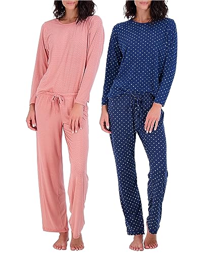2 Pack: Women’s Long Sleeve Striped Pajama Sets Ladies Soft Winter Fall Sleepwear Pajamas Clothes Loungewear Long Sleeve Tops Pants Bottoms Fall Warm Silky Christmas Pj Sets for Women - Set 1 Medium