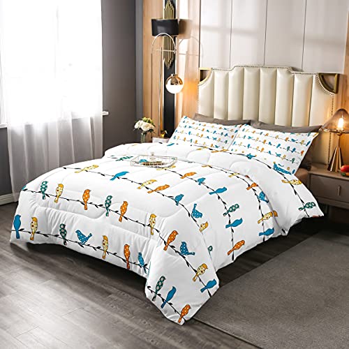 Birds Girls Comforter Set for Adult Women Boho Floral Animal Print Down Comforter,Dorm Decorations for College Girls Boys Teens Bohemian Nature Birds Decor Rural Style Quilted Duvet, Queen Size