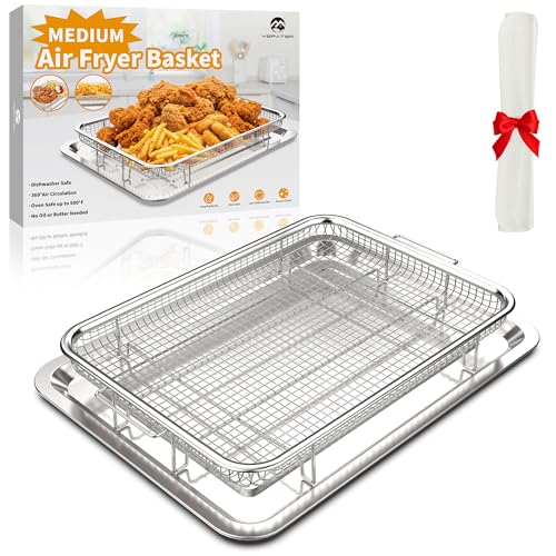 Air Fryer Basket for Oven, 12.8“ x 9.6“ Stainless Steel Crisper Tray and Pan with 30 PCS Parchment Paper, Deluxe Air Fry in Your Oven, 2-Piece Set, Baking Pan Perfect for the Grill