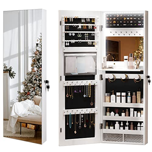 jajov LED Jewelry Mirror Cabinet, Wall Mounted/Over the Door Jewelry Organizer Armoire, Full Length Mirror with Storage, Lockable, Built-in Makeup Mirror, 2 Drawers (White)