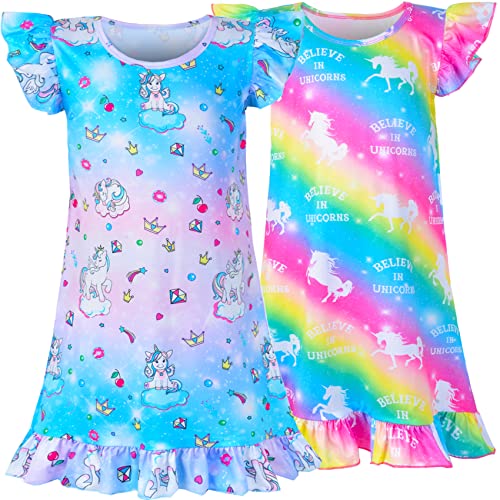 Sylfairy 2pcs Girls Nightgowns, Unicorn Nightgown Princess Pajama Dresses for Girls Sleepwear Nightie (Blue+Rainbow, 6-7 Years)