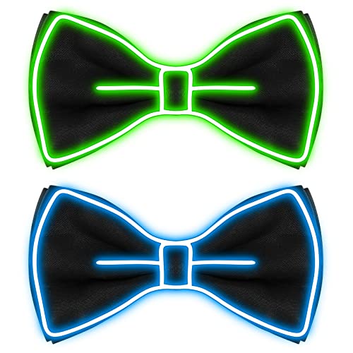 Hercicy Light up Bow Tie for Men LED Neon Bowtie Funny Ties Kids Boys Girls Women Glow in the Dark Party Costume (2, Fluorescent Green, Blue)