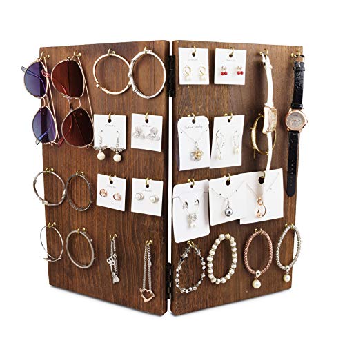MOOCA Wooden Foldable and Portable Jewelry Display Stand with 32 Hooks - Earring Card, KeyChain, and Store Accessories Organizer, Earring Holder, Bracelet Holder, Brown Color