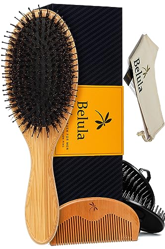 Belula Boar Bristle Hair Brush for Men Set.Styling Mens' Hair Brush with Nylon Pins. Boar Bristle Brush, 2 x Palm Brush, Wooden Comb & Travel Bag Included.