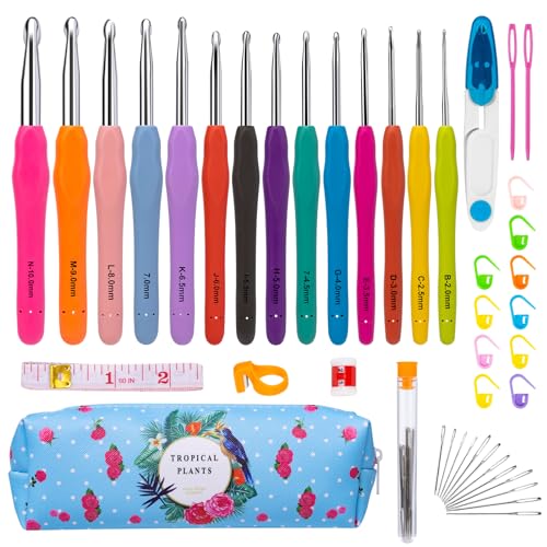 Drawdart 14 Sizes Crochet Hooks for Arthritic Hands, 43 Pcs Ergonomic Crochet Hook Set with Case, Extra Long Soft Grip Crochet Needles 2mm(B)-10mm(N)