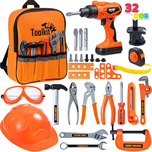 JOYIN 32PCS Kids Tool Set, Pretend Play Toddler Tool Toys with Construction Backpack Costume & Electronic Toy Drill for Boy Girl Halloween Present Birthday Dress Up Party