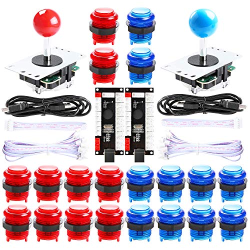 Qenker 2 Player LED Arcade DIY Parts 2X USB Encoder + 2X Joystick + 20x LED Arcade Buttons for PC, MAME, Raspberry Pi, Windows (Red & Blue Kit)