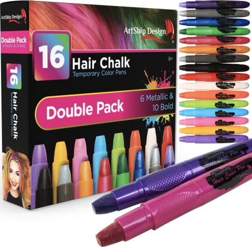 Hair Chalk 16 Color Double Pack with 6 Glitter Colors Temporary Hair Color Pens