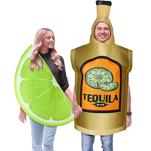 HooLing 2 Pcs Couples Halloween Costumes for Adults Tequila Bottle and Lime Slice Drink Suit Outfits Apparel Accessories for Halloween Cosplay Dress up Party