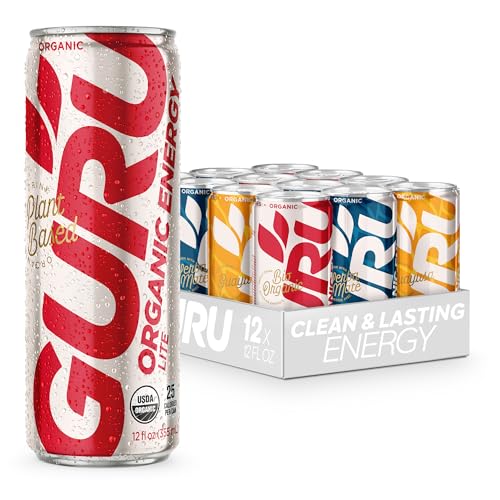 GURU Variety Pack, Clean Energy Drink, Organic Energy Drinks, 142 mg Natural Caffeine with Green Tea, Pre Workout, Low Calorie, Sucralose Free, Vegan, Plant Based, For Performance & Focus, Mix Pack, 12 oz Cans (Pack of 12)