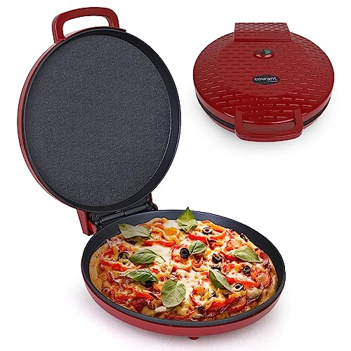Courant Pizza Maker 12 inch Pizzas Machine, Newly improved Cool-touch Handle Non-Stick plates Pizza oven & Calzone Maker, Electric Countertop Oven for Home or School, 12” Indoor Grill/Griddle, Red