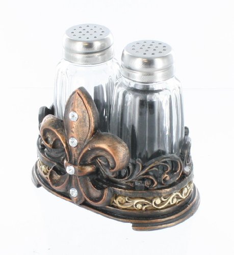 Fleur De Lis Salt & Pepper Shaker Set with Glass Shakers - Tuscan Creole Decor