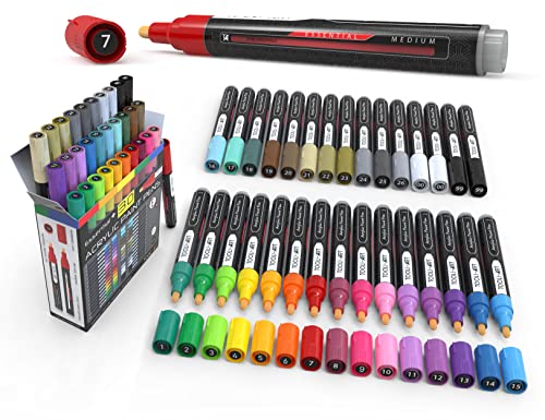 Acrylic Markers, Paint Pens Assorted Vibrant Markers for Rock Painting, Canvas, Glass, Mugs, Wood, Ceramic, Fabric, Metal, Scrapbooking. Non Toxic, Quick Dry, Multi-Surface, Lightfast (MEDIUM)