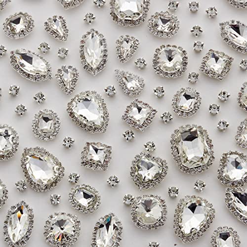 TANOSII Sew on Rhinestones 100 PCS Mixed Shapes Glass Rhinestones Sew on Crystal Gems Mental Flatback with Silver Claw for Jewelry Crafts Clothes Shoes Costume Garment White Type 1