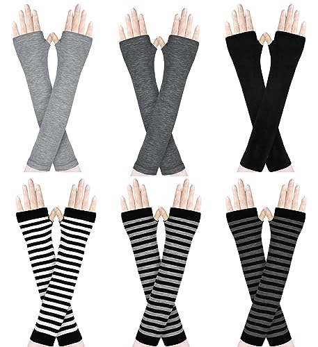 Amandir Long Fingerless Gloves for Women Arm Warmers Knit Thumbhole Stretchy Gloves Classic Soild Striped (6 Pack)