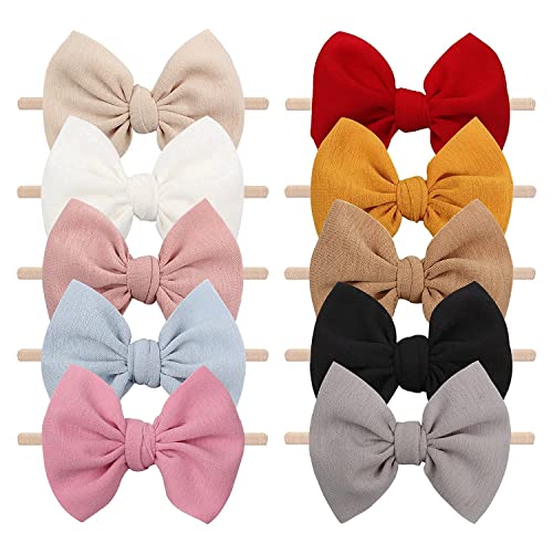 YanJie 4.5'' Bow Baby Girls Nylon Headbands Newborn Tied Bows Handmade Hair Bows Hairbands Hair Accessories for Newborn Infant Toddlers Kids 10 Pcs