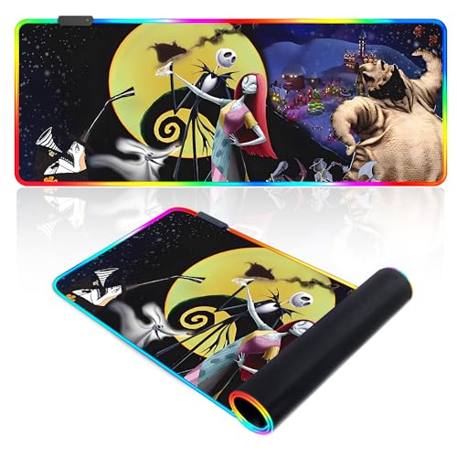 RGB Skull Mouse Pad,Nightmare Before Christmas Large Gaming Mousepad with 14 Lighting Modes,Non-Slip Computer Keyboard Desk Mat,31.5×11.8 inches (C)
