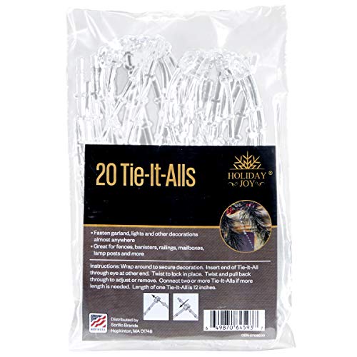 Holiday Joy - 20 Clear Tie-It-All Decoration Hangers - Secures Garlands, Lights, Decorations on Railings, Fences, Lamp Posts