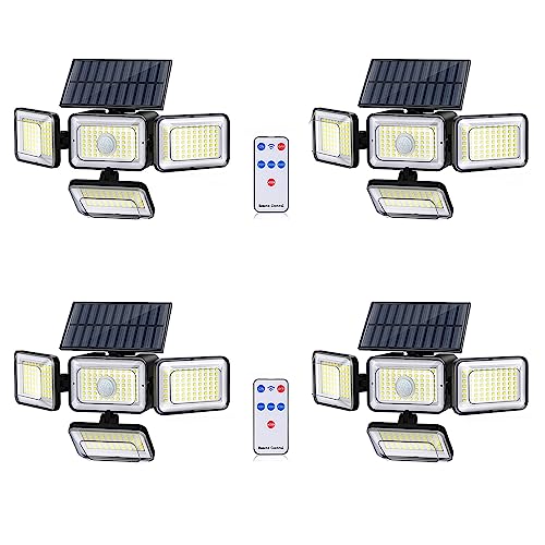 Mokot Solar Lights Outdoor, 288 LED IP65 Waterproof Solar Motion Sensor Outdoor Lights with Remote Control, 4 Heads Solar Flood Security Lights for Outside Patio Wall - 4Pack