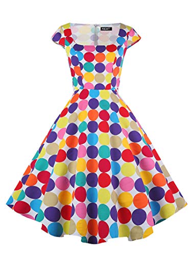 PUKAVT Women's Cocktail Party Dress Cap Sleeve 1950 Retro Swing Dress with Pockets Colorful Dot M