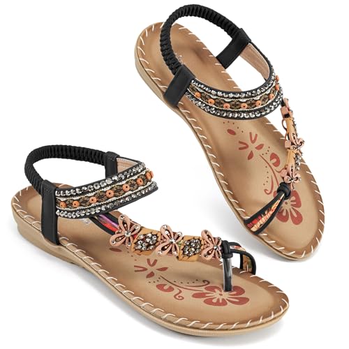 Ablanczoom Womens Sandals Flats Shoes: Comfortable Bohemian Beaded Dressy Summer Flat Casual Ankle Elastic Slip on Beach Sandals
