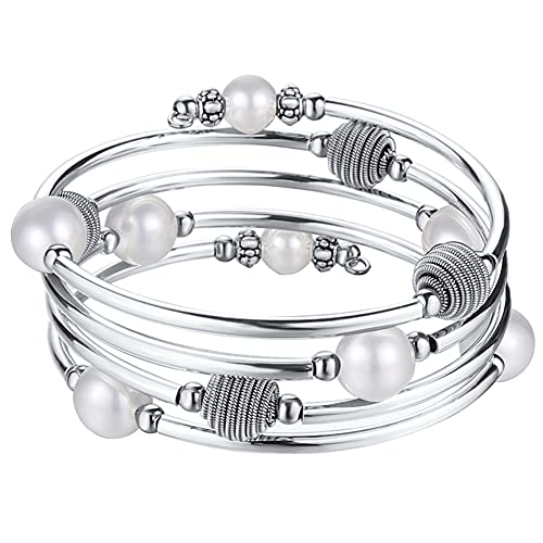 Beaded Chakra Bangle Turquoise Bracelet - Fashion Jewelry Wrap Bracelet with Thick Silver Metal and Mala Beads, Birthday Gifts For Women (White Shell Pearl)