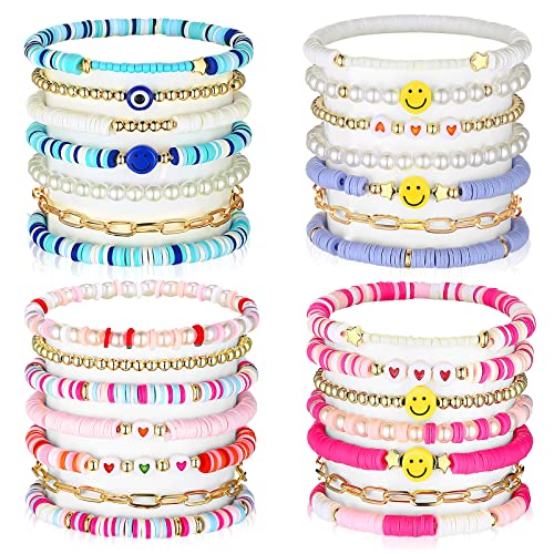 Yaomiao 28 Pcs 4 Set Heishi Surfer Bracelets Set Colorful Preppy Beaded Stretch Bracelet Clay Stackable Boho Disc Party Xmas Gift Y2k Aesthetic Beach Jewelry for Christmas Holiday (Lovely Style)