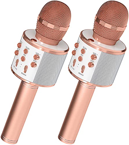 OVELLIC 2 Pack Karaoke Microphone for Kids, Wireless Bluetooth Karaoke Microphone for Singing, Portable Handheld Mic Speaker Machine, Gifts Toys for Girls Boys Adults All Age (Rose Gold)