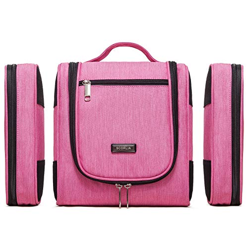 Scorlia Extra Large Hanging Toiletry Bag, 3 in 1 Travel Makeup Bag with 2 Removable Storage Bags for Women, Men and Baby Waterproof Shaving Kit Bag Bathroom Shower Bag with Hook Pink