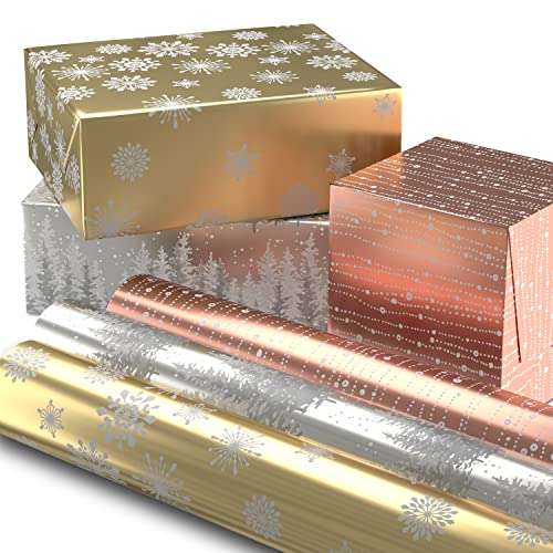 Hallmark Foil Christmas Wrapping Paper with Cut Lines on Reverse (3 Rolls: 60 Sq. Ft. Ttl) Rose Gold, Silver Trees, Gold Snowflakes for Holidays, Hanukkah, Winter Solstice, Weddings, Graduations (0005JXW1206)
