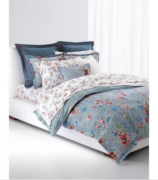 Lauren Ralph Lauren Maggie Floral Stripe King 3 pc Comforter Set Shams Blue Pink White