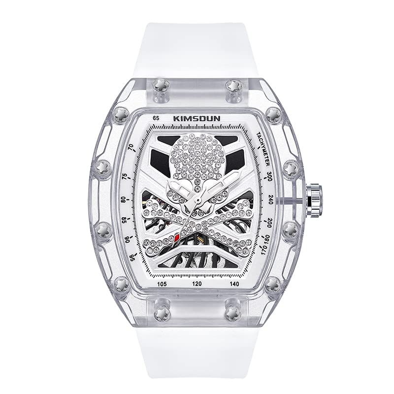 ShShi Michard Series Mechanical Watch Wine Barrel Shape Skull face Crystal Diamond face Skeleton dial Automatic Transparent Watch Luminous Water Resistance (White)