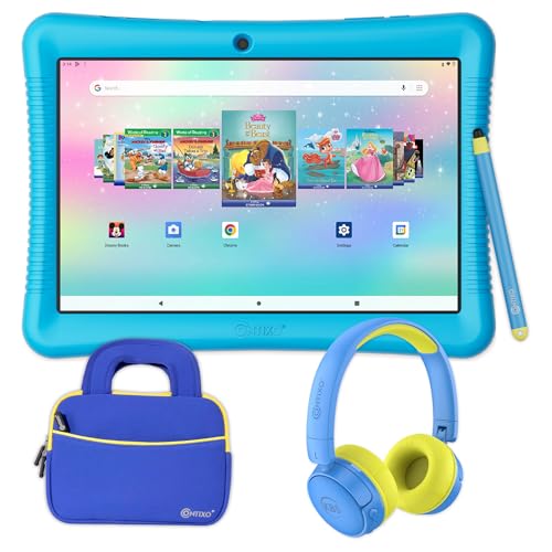 Contixo 10' Android Kids Tablet 64GB Bundle, Includes 80+ Disney Storybooks & Stickers (Value $350), Kid-Proof Case with Kickstand & Stylus, Headphone, Sleeve Bag (2023 Model) (Blue)