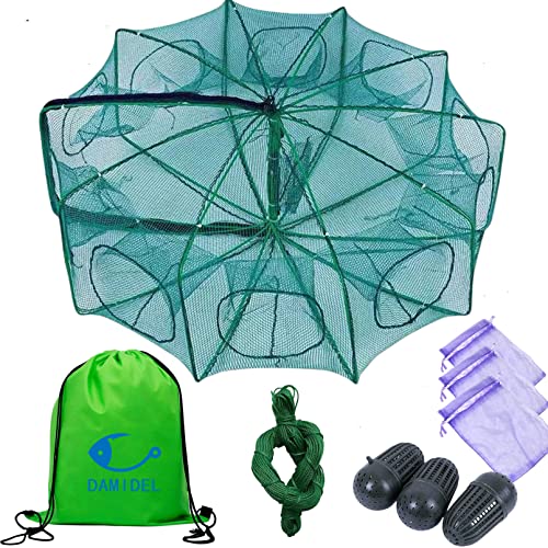 DAMIDEL 32in x 10in Folded Fishing Bait Trap, 10 Holes 10 Sides Foldable Fishing Nets for Fish/Crab/Shrimp/Crawdad, Upgrade Large Space,Bait Bag/Bait Box/Rope/Storage Bag