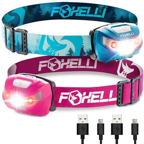 Foxelli Rechargeable Headlamp Bundle of 2 – Forest & Pink: Super Bright LED Head Lamps, Lightweight & Comfortable for Running, Camping, Hiking & Work