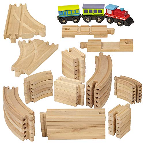 Dragon Drew Wooden Train Tracks - 55 Piece - Compatible with Brio, Thomas, Chuggington and All Major Brands – Accessories and Expansion Kit Includes 52 Tracks and 3 Cute Cars