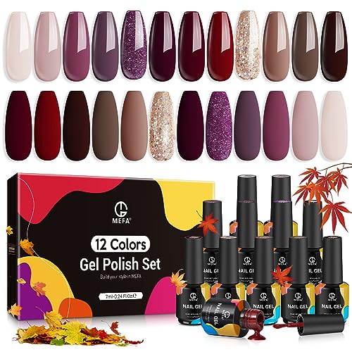 MEFA Gel Nail Polish Set, 12 Colors Fall Winter Burgundy Purple Champagne Gold Glitter Soak Off Nail Polish Gel Dark Red Purple Shimmer Brown Gifts for Women DIY Salon Home