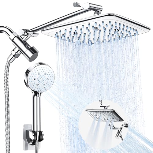 Veken Multifunction High Pressure Rain Shower Head Combo with Extension Arm- Easy to Install Wide Rainfall Showerhead with 3 Water Spray Modes – Adjustable Dual Showerhead with Anti-Clog Nozzles