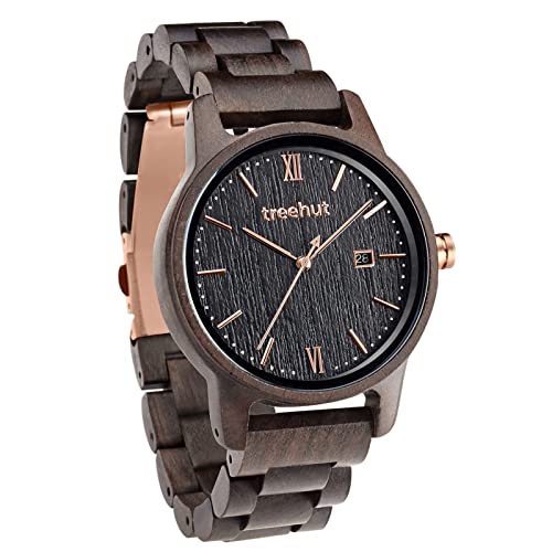 treehut Wooden Watch for Men with Wooden Strap and Gift Box, Wrist Watch Made from Black Ebony Wood with Black Face and Copper Details, Quartz Analog Movement with Date Great Gifts for Men