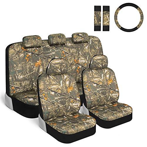 BDK Mossy Oak Camo Car Seat Covers - Full Set with Steering Wheel Cover & Seat Belt Pads - Forest Camouflage Pattern for Cars, Trucks & SUVs