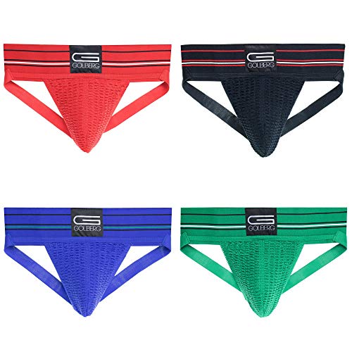 Golberg Athletic Supporters – 4 Pack – Contoured Waistband (M, Black/Red/Blue/Green)