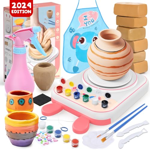 Skirfy Pottery Wheel for Kids-Clay Sculpting Tools & Painting Kit,Birthday Gift Girls Toys 8-10,DIY Kits Clay Maker for Beginners with 6 Packs Modeling Clays, Art&Crafts Kits for Kids Ages 9-12