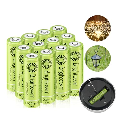 Brightown 12-Pack Rechargeable AA Batteries - 1300mAh 1.2V NiMH High Capacity Batteries - Ideal for Solar Lights & Home Devices, Recharge up to 1200x Times, Pre-Charged